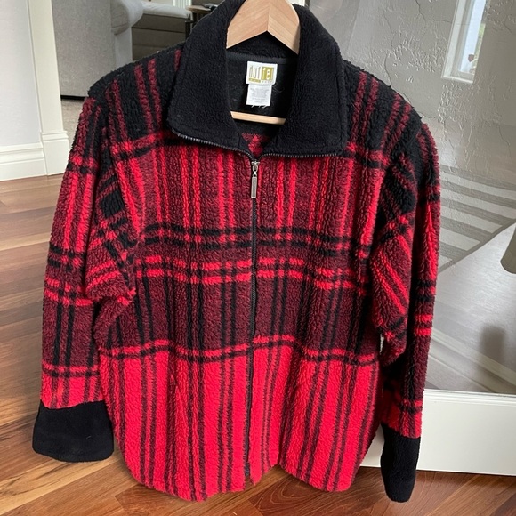 Vintage Duffel Outdoor Oversize Red Fleece Jacket with Snowflake Print Jacket - Picture 11 of 11